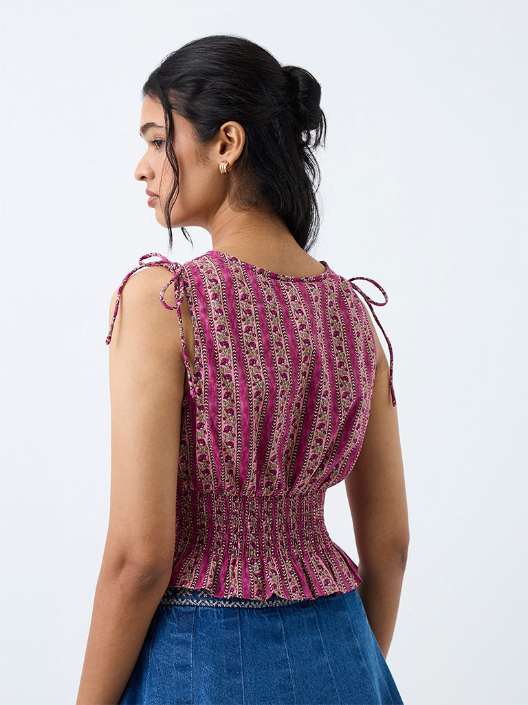 Bombay Paisley Magenta Floral Printed Smocked Cotton Top