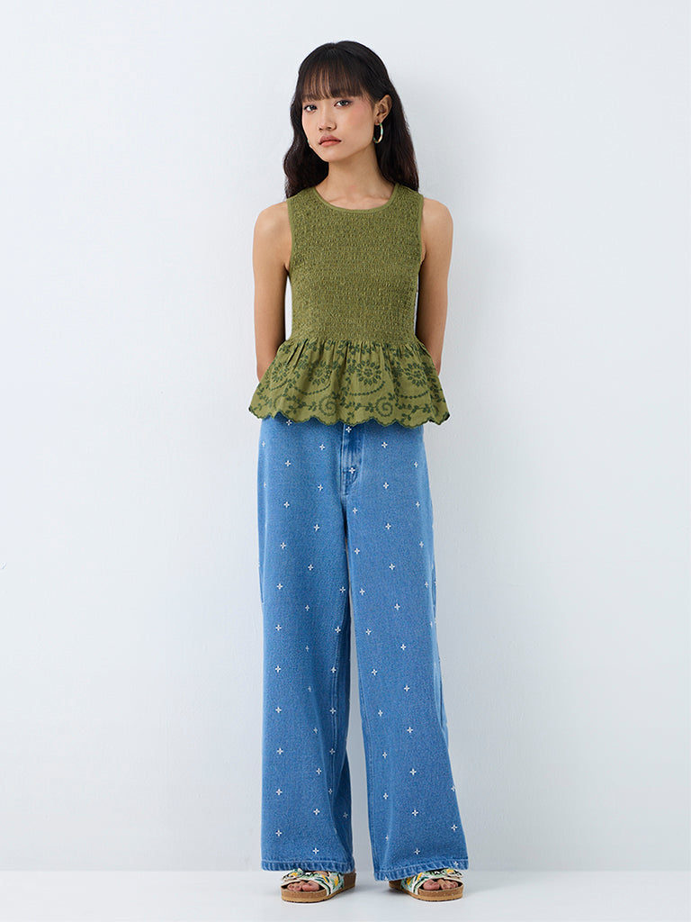 Bombay Paisley Green Smocked Peplum Cotton Top