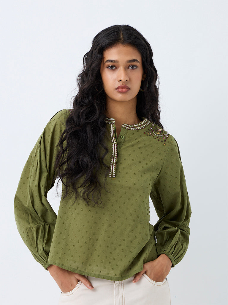 Bombay Paisley Olive Swiss-Dot Embroidered Cotton Blouse