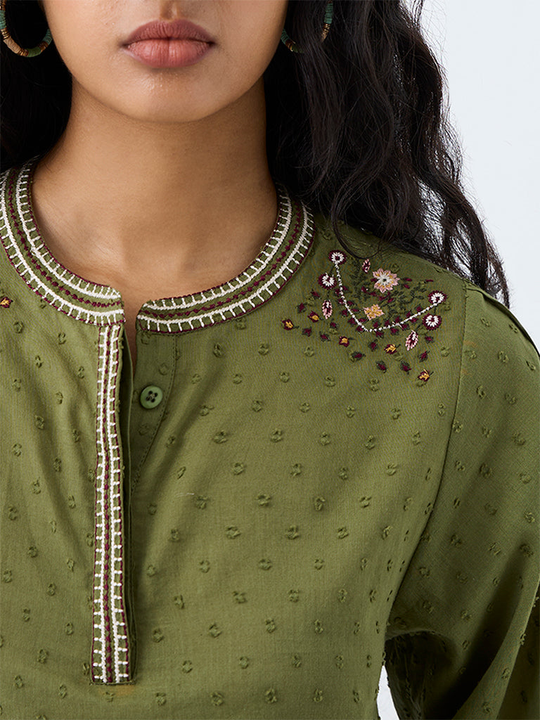 Bombay Paisley Olive Swiss-Dot Embroidered Cotton Blouse