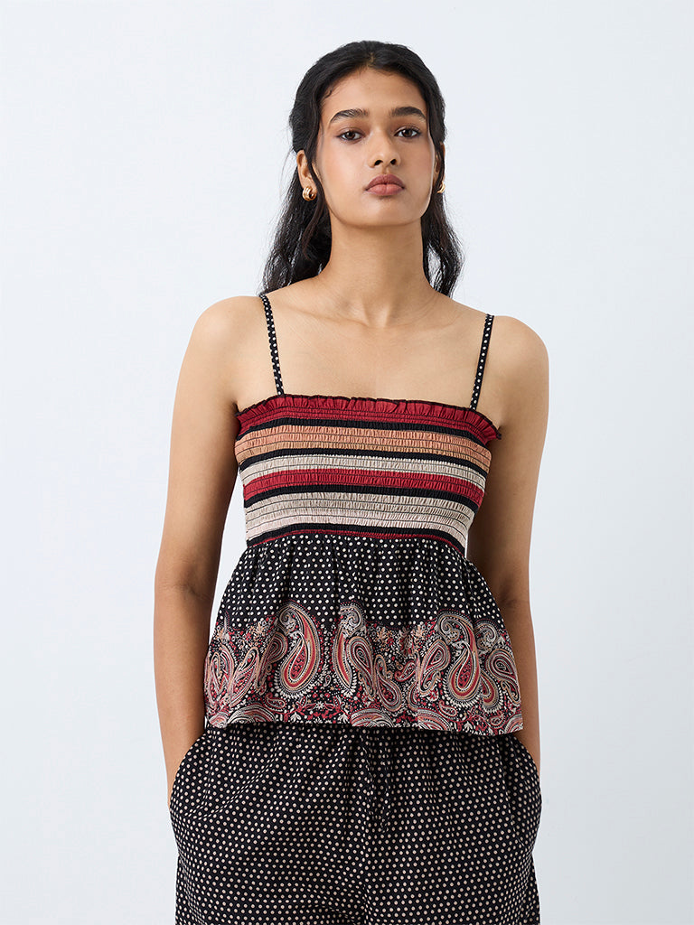 Bombay Paisley Multicolour Printed Smocked Peplum Cotton Top