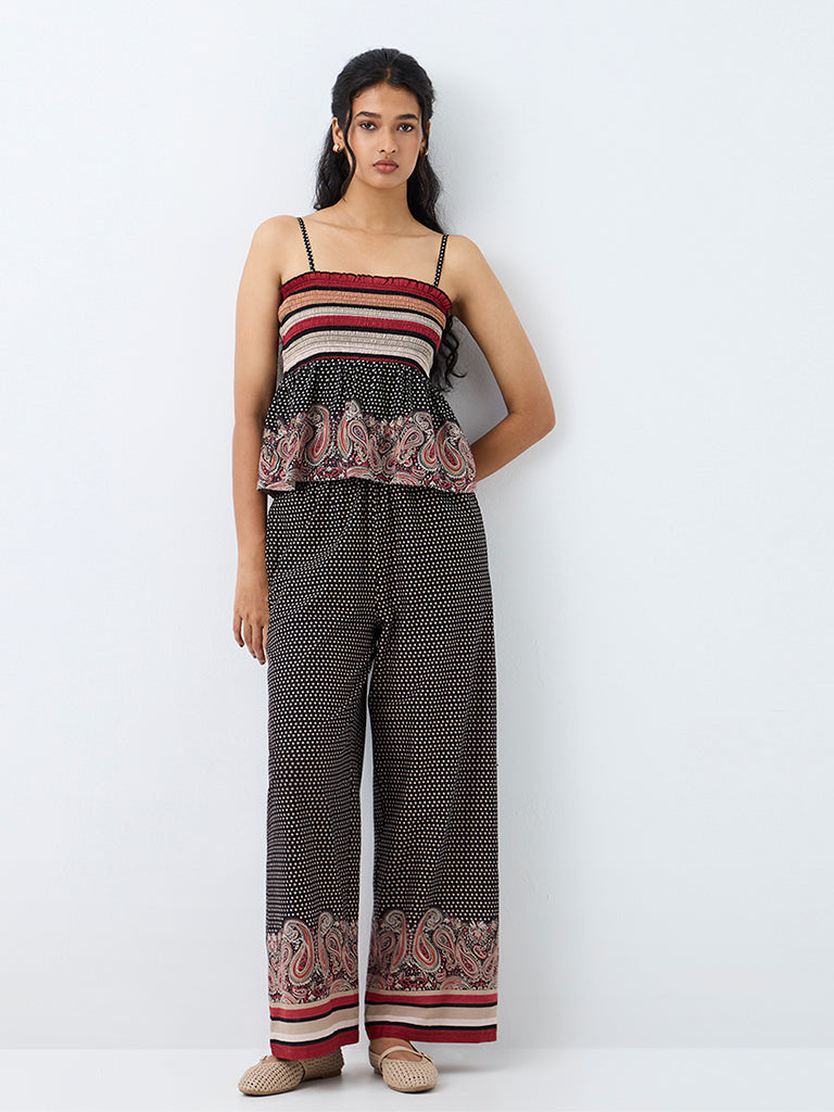 Bombay Paisley Multicolour Printed Smocked Peplum Cotton Top