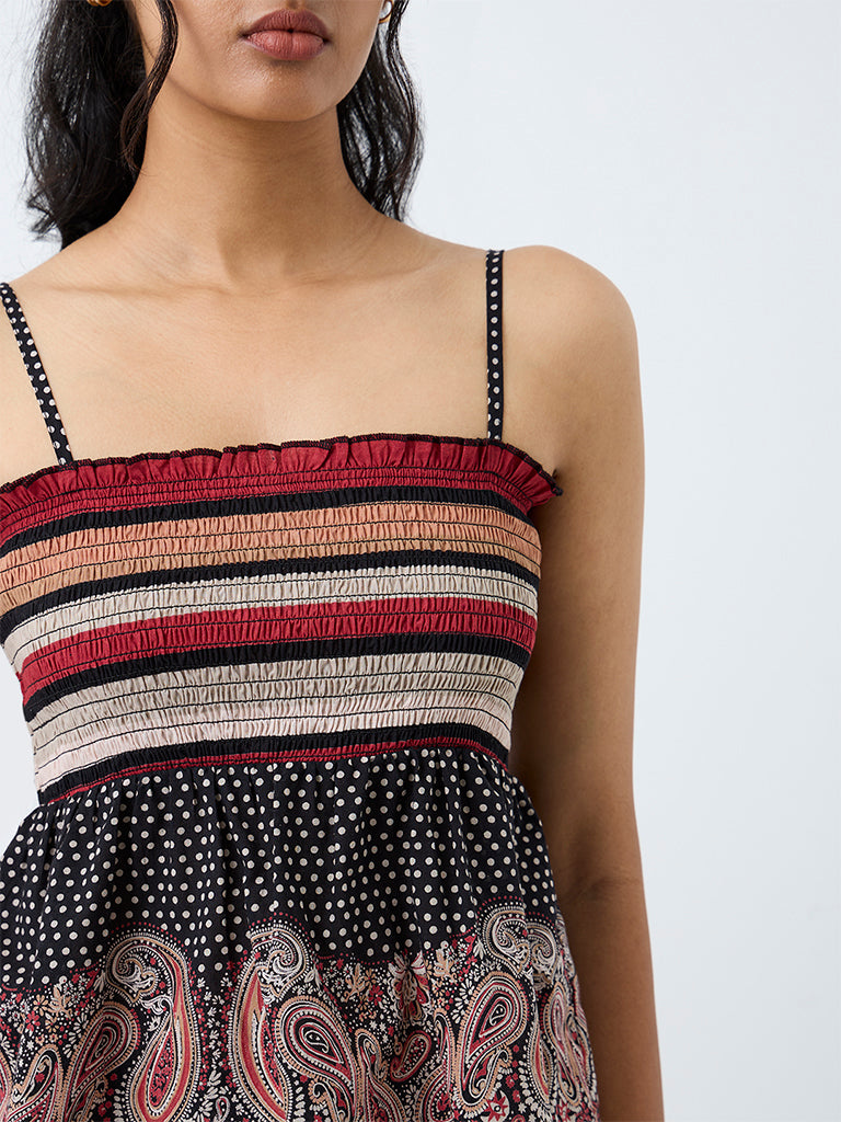 Bombay Paisley Multicolour Printed Smocked Peplum Cotton Top