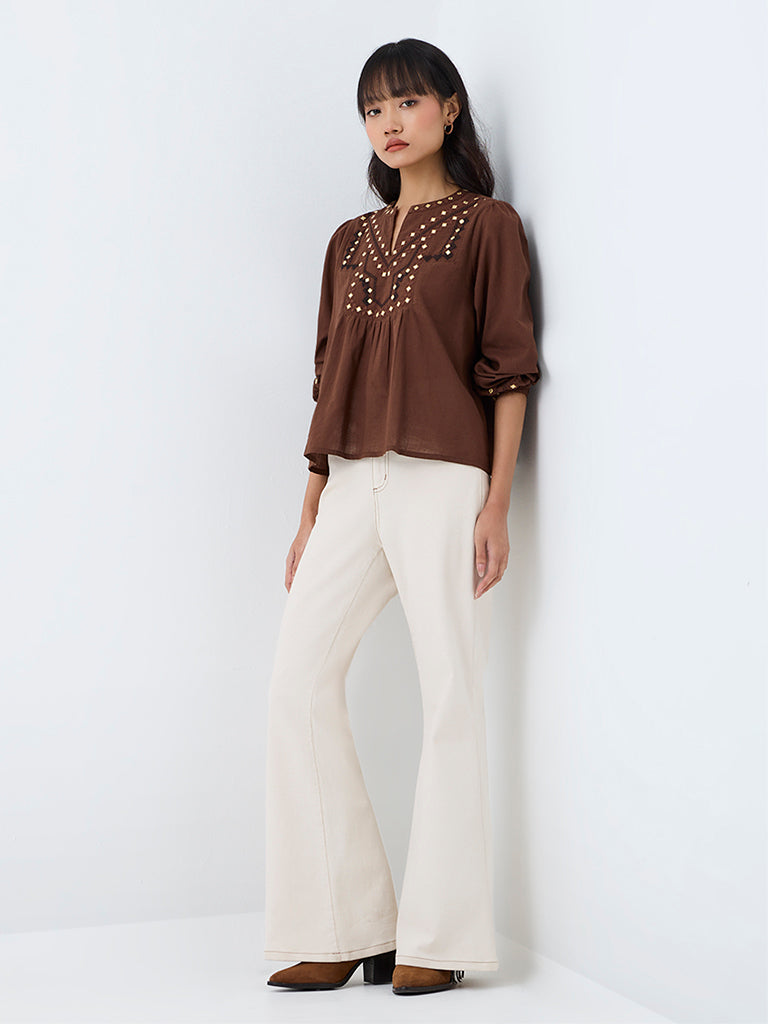 Bombay Paisley Brown Mirror Embroidered Cotton Blouse
