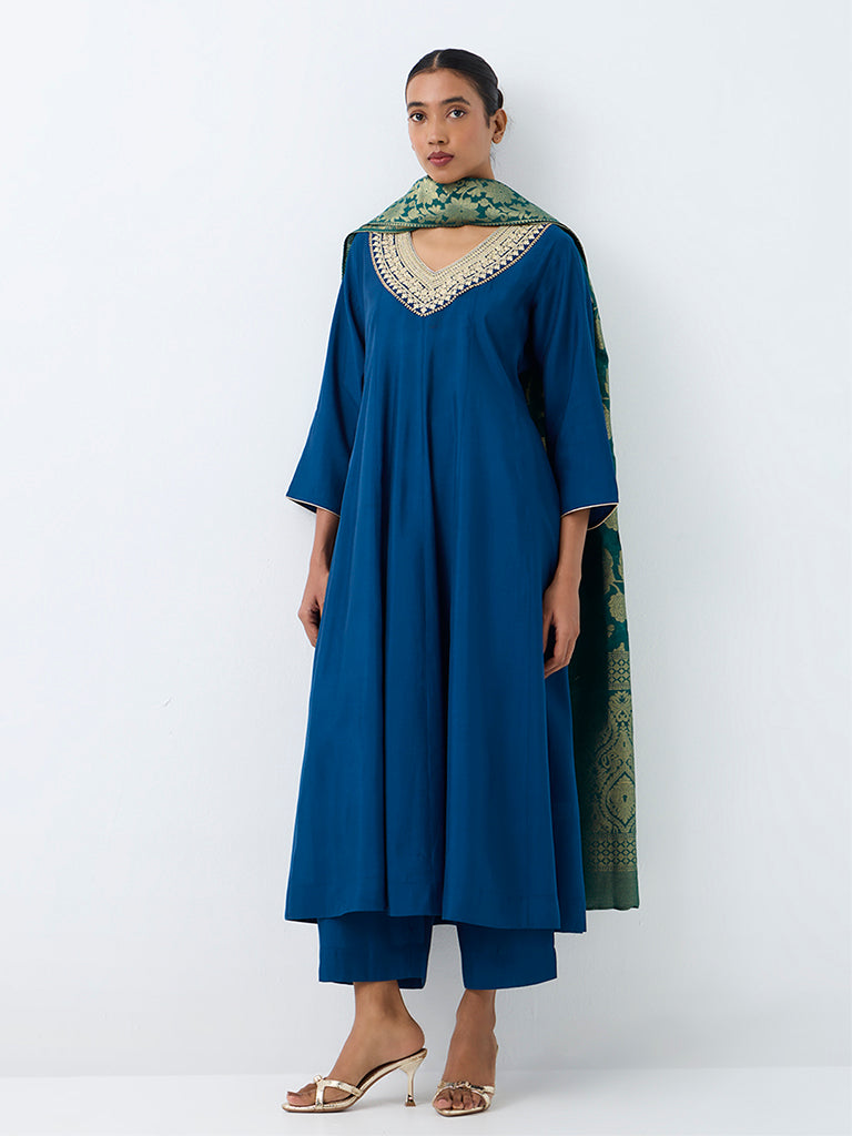 Vark Dark Blue Zari-Embroidered Flared Ethnic Set