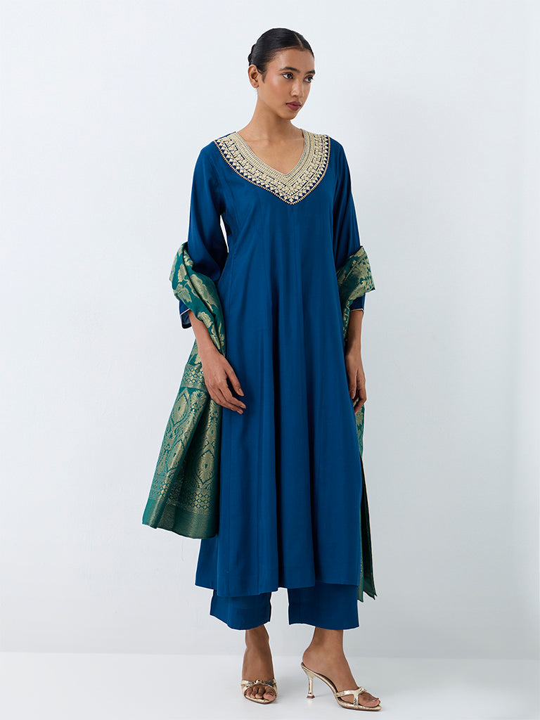 Vark Dark Blue Zari-Embroidered Flared Ethnic Set