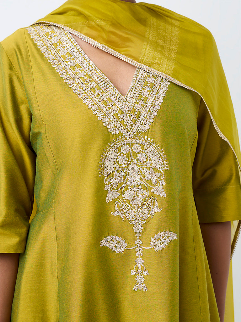 Vark Lime Floral Embroidered Flared Ethnic Set