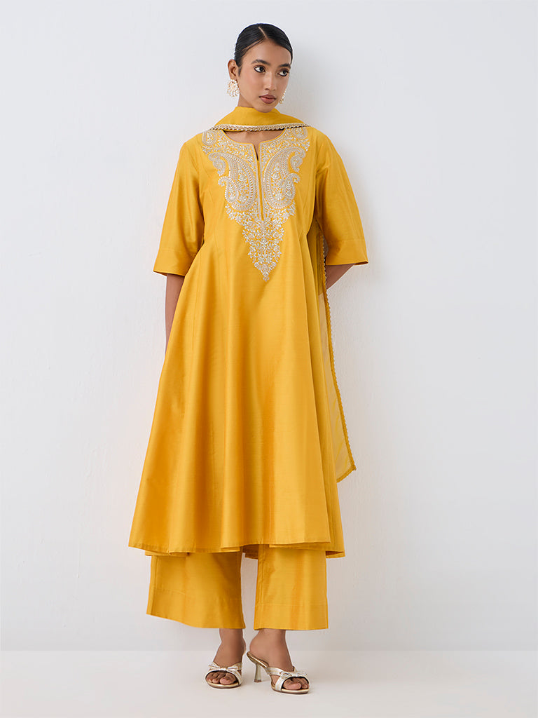 Vark Yellow Paisley Embroidered Flared Ethnic Set