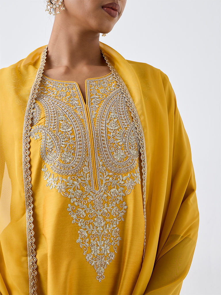 Vark Yellow Paisley Embroidered Flared Ethnic Set