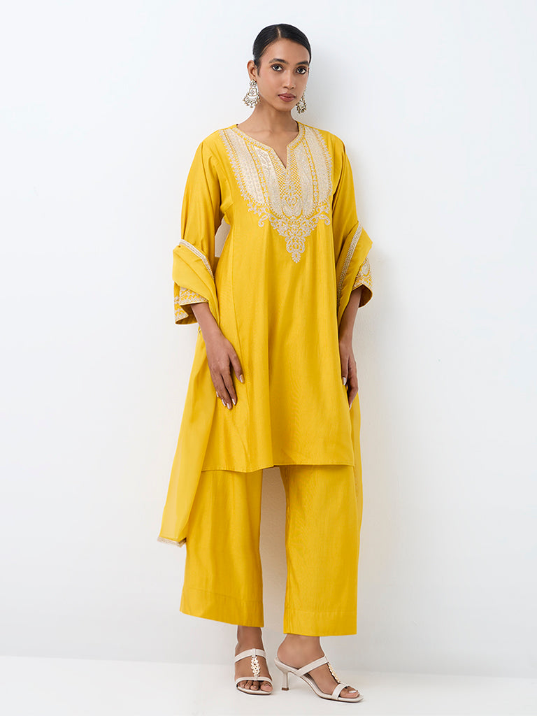 Vark Yellow Paisley Embroidered A-Line Ethnic Set