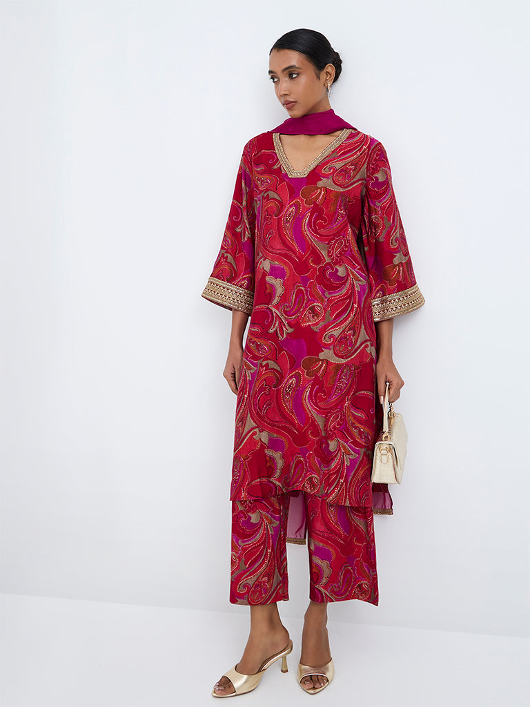 Vark Fuchsia Paisley Printed Straight Ethnic Set