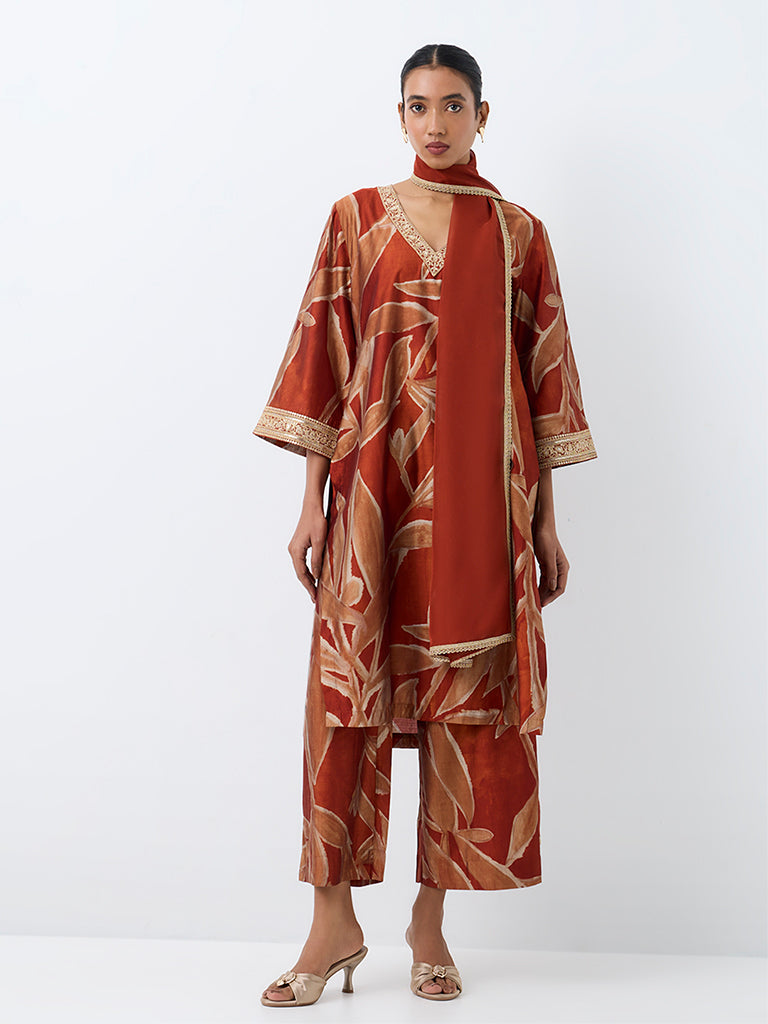 Vark Rust Foliage Printed Straight Ethnic Set