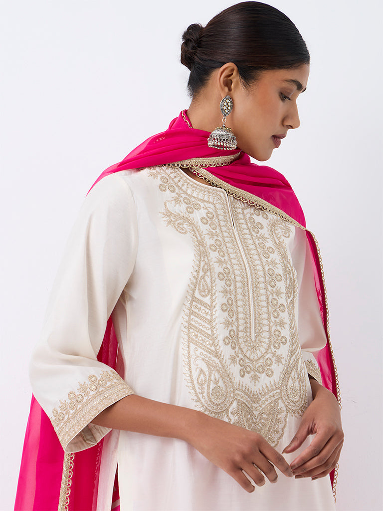 Vark Ivory Paisley Embroidered Straight Ethnic Set