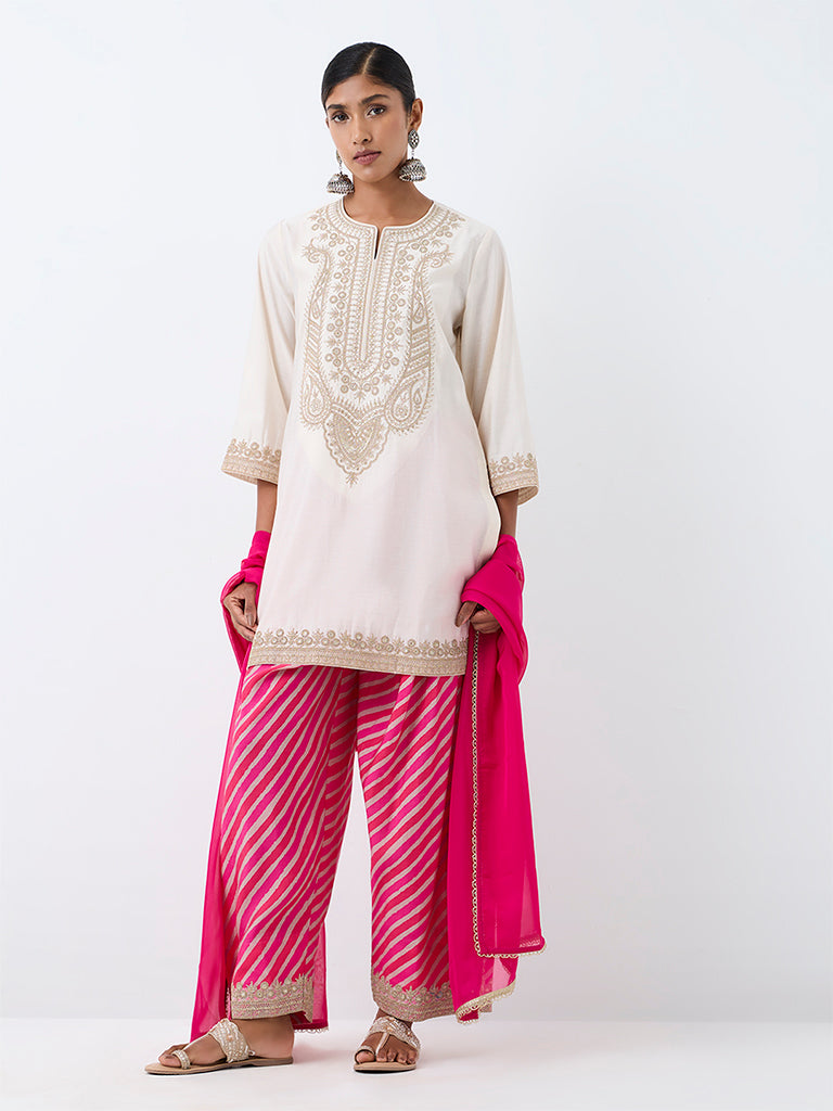 Vark Ivory Paisley Embroidered Straight Ethnic Set