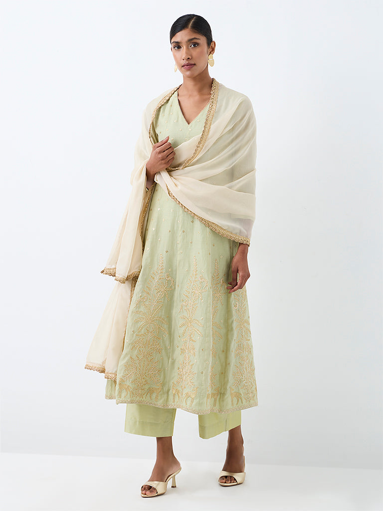 Vark Mint Foliage Embroidered Cotton-Blend A-Line Ethnic Set