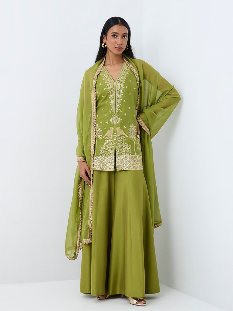 Vark Green Floral Embroidered Cotton-Blend Tunic Ethnic Set