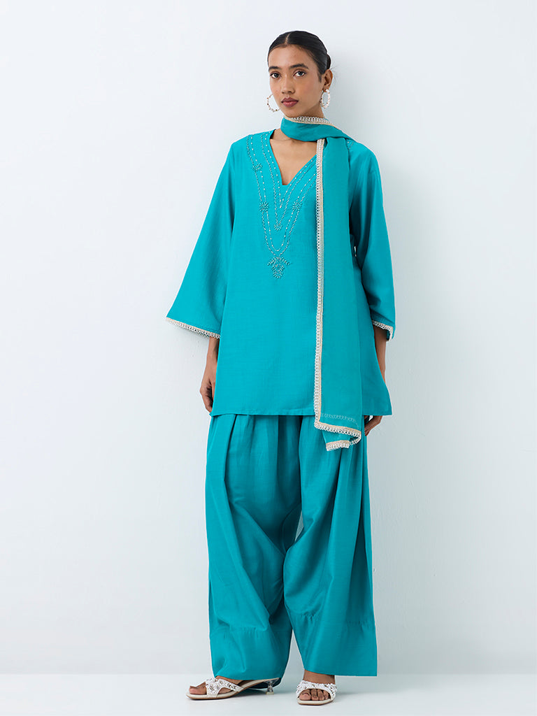 Vark Turquoise Embellished A-Line Ethnic Set
