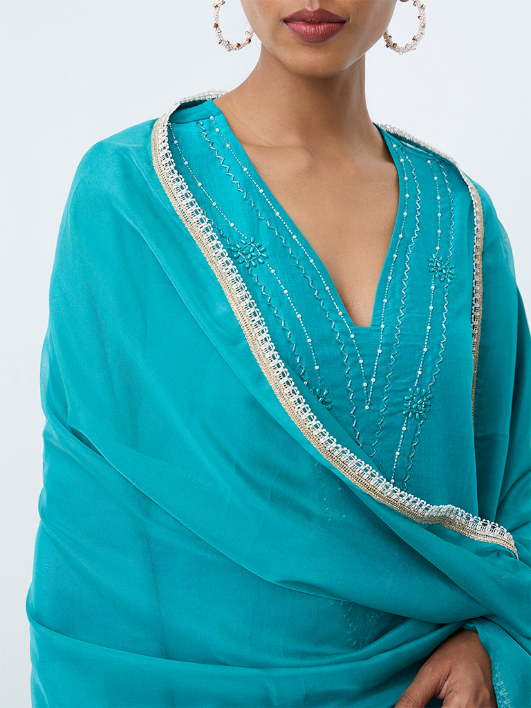 Vark Turquoise Embellished A-Line Ethnic Set