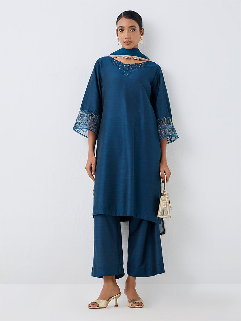 Vark Dark Blue Laser Cut Detail Straight Ethnic Set