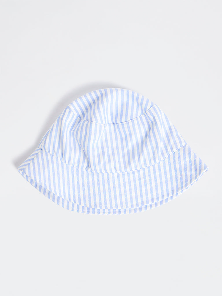 Wunderlove Light Blue Striped Bucket Cotton-Blend Hat