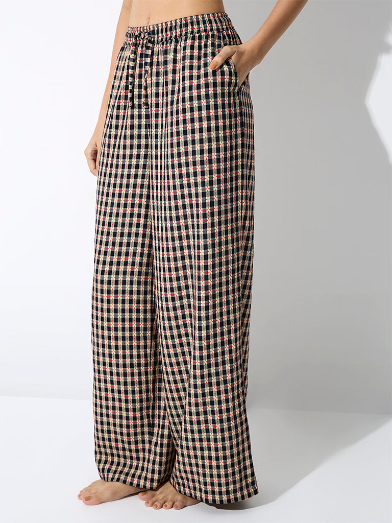 Wunderlove Navy Checkered High-Rise Cotton Pants