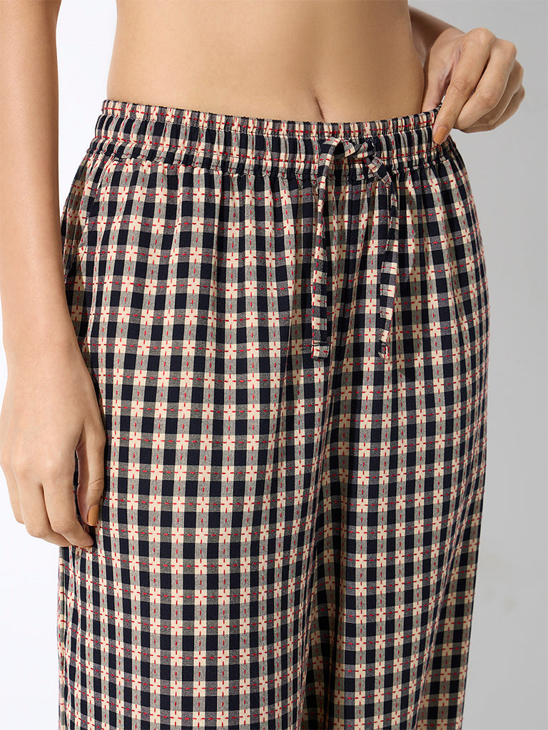 Wunderlove Navy Checkered High-Rise Cotton Pants