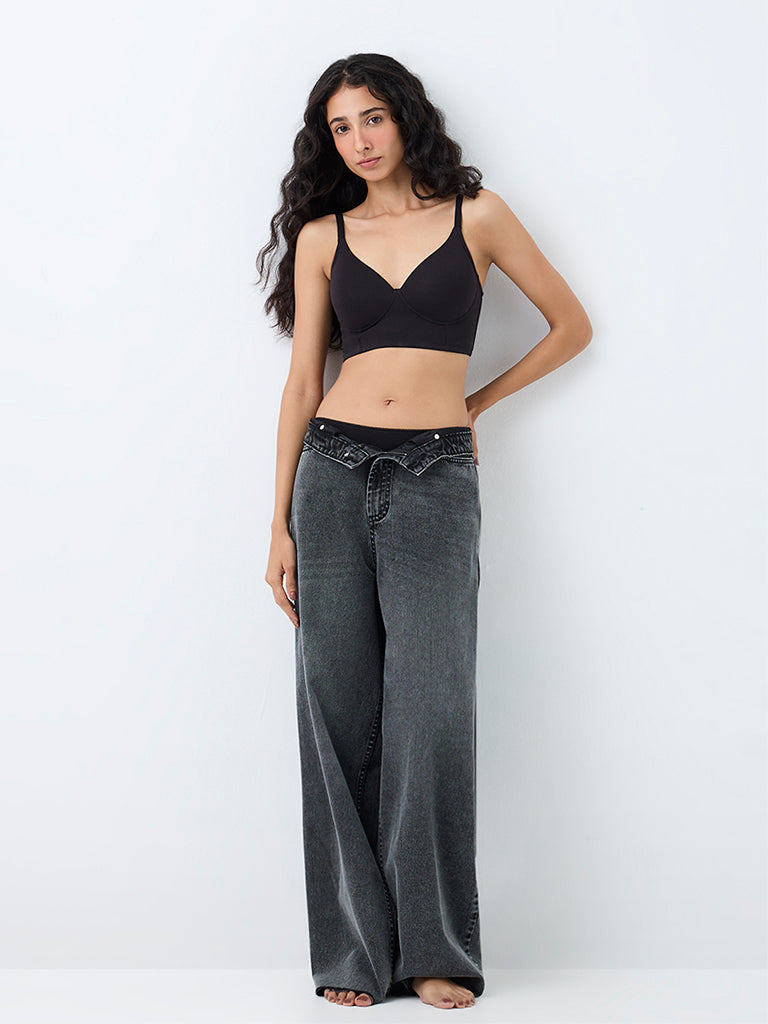 Superstar Black Solid Padded Cotton-Blend Bralette
