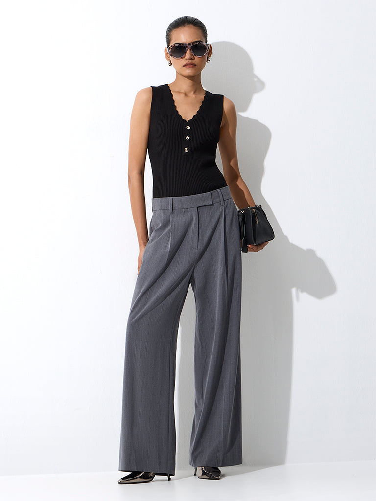 Wardrobe Black Ribbed Button-Detail Top