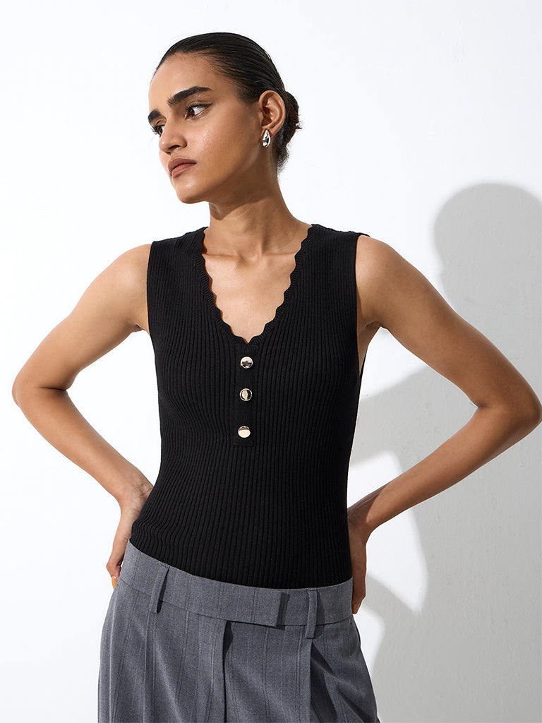 Wardrobe Black Ribbed Button-Detail Top