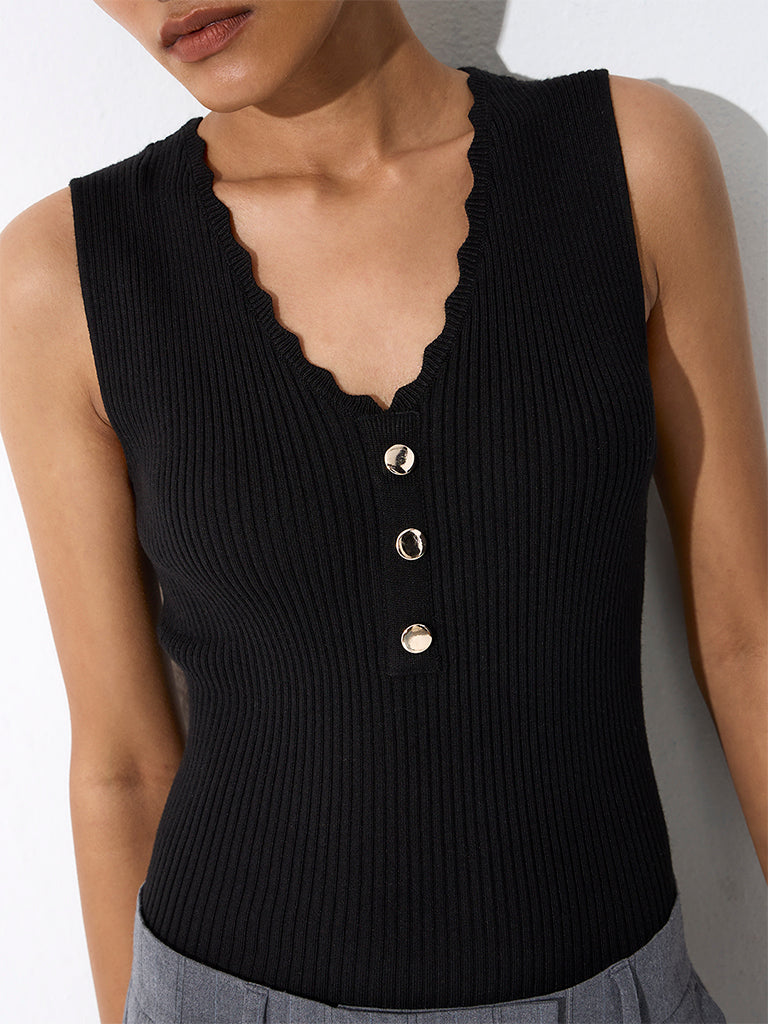 Wardrobe Black Ribbed Button-Detail Top