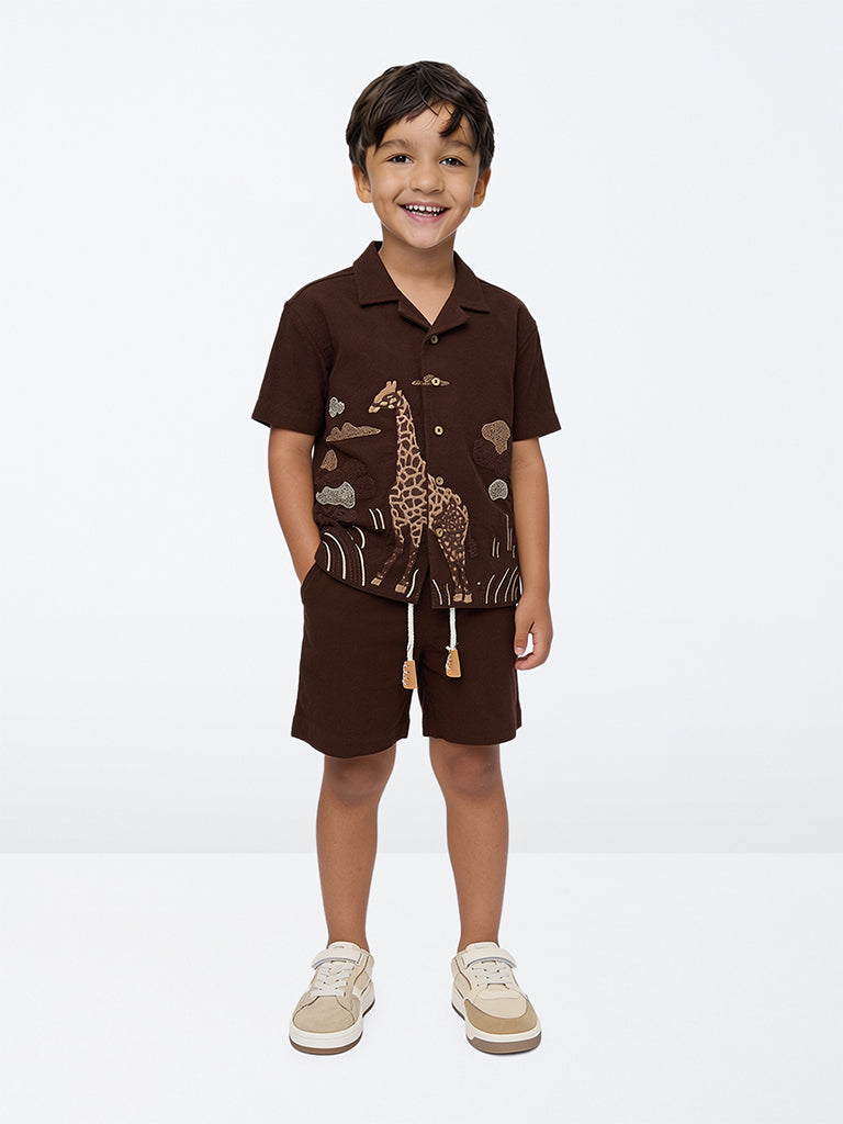 HOP Kids Boys Dark Brown Animal Embroidered Cotton Shirt and Shorts Set