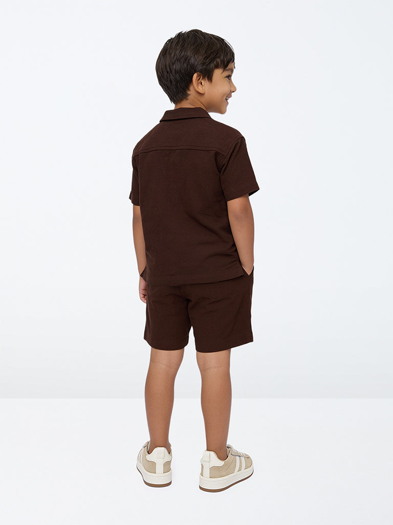 HOP Kids Boys Dark Brown Animal Embroidered Cotton Shirt and Shorts Set