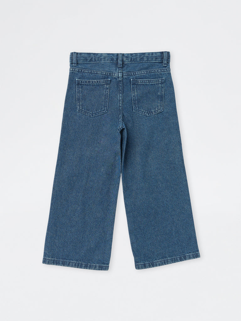 HOP Kids Girls Dark Blue High-Waist Relaxed Fit Jeans with Embellishments