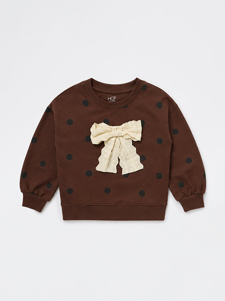 HOP Kids Girls Brown Bow-Detailed Polka Dot Cotton Sweatshirt