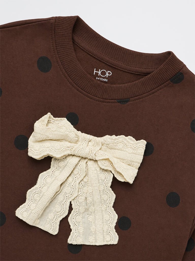HOP Kids Girls Brown Bow-Detailed Polka Dot Cotton Sweatshirt