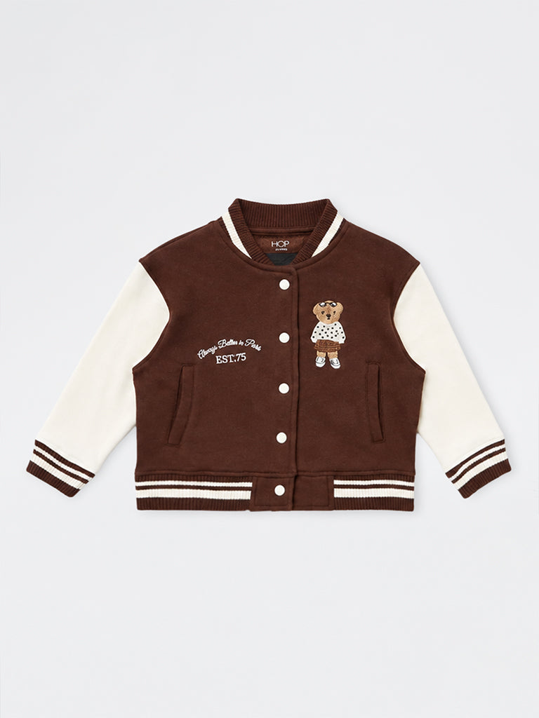 HOP Kids Girls Dark Brown Bear Embroidered Cotton-Blend Varsity Jacket