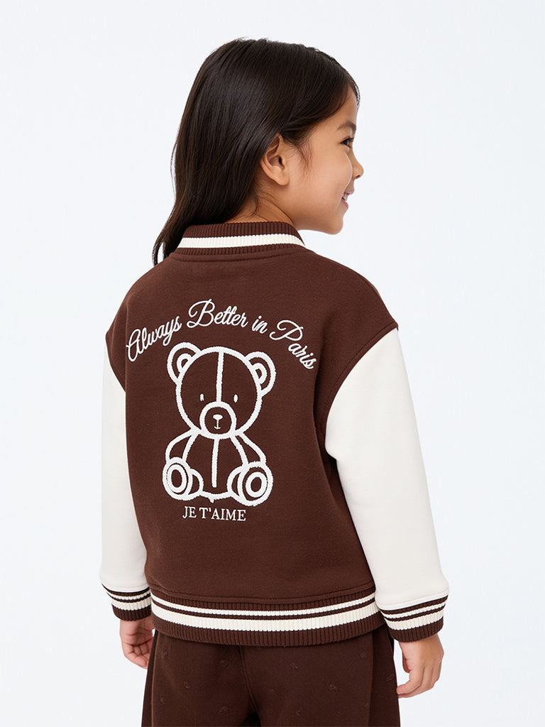 HOP Kids Girls Dark Brown Bear Embroidered Cotton-Blend Varsity Jacket