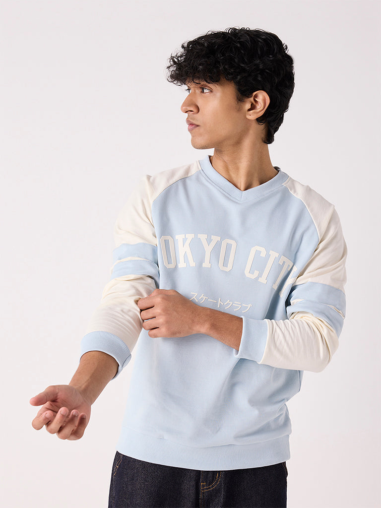 Boys Light Blue Colour-Blocked Cotton-Blend Sweatshirt