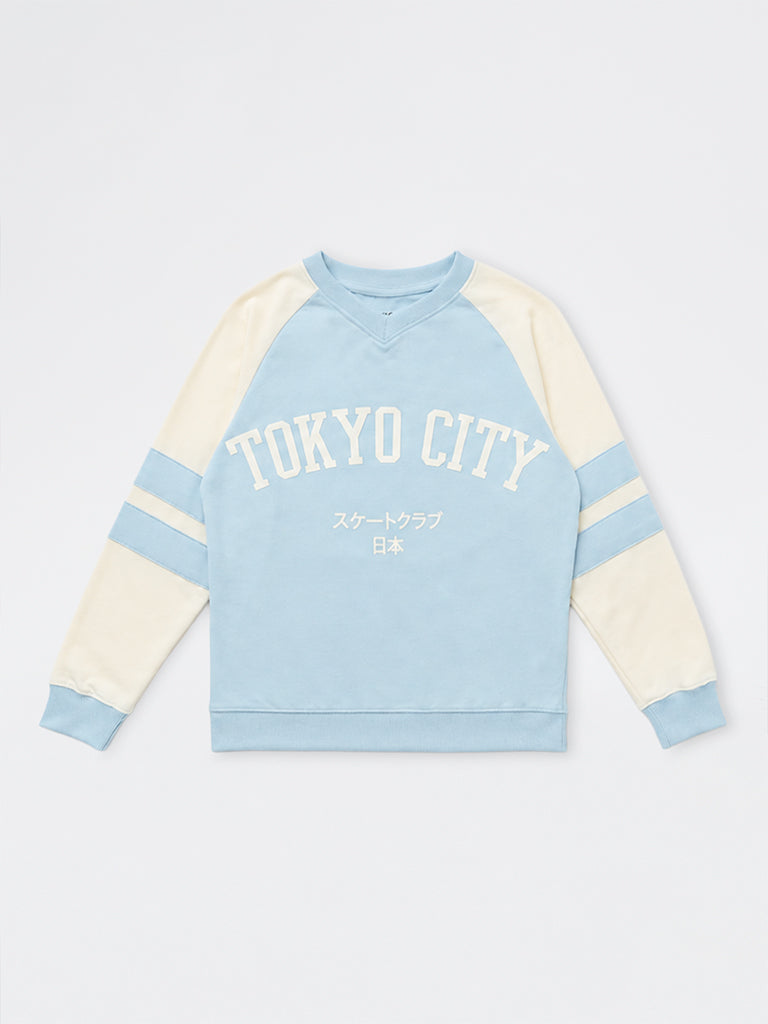 Boys Light Blue Colour-Blocked Cotton-Blend Sweatshirt
