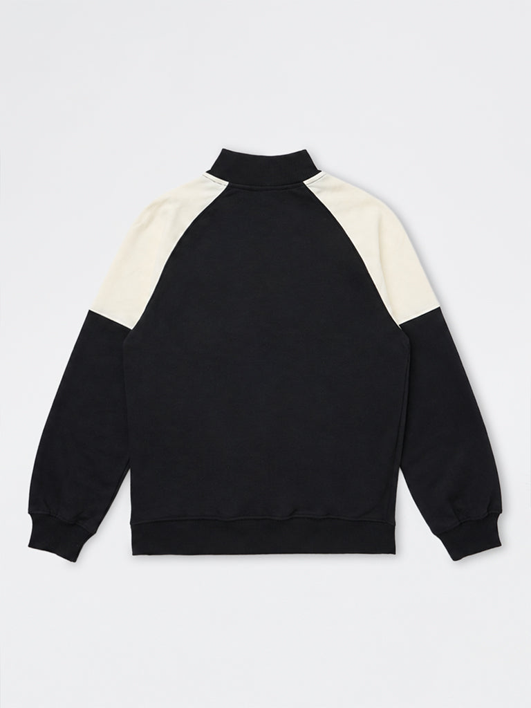 Boys Black Colour-Blocked Quarter-Zip Cotton Sweatshirt