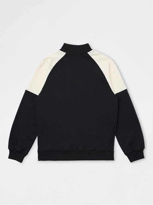Boys Black Colour-Blocked Quarter-Zip Cotton Sweatshirt