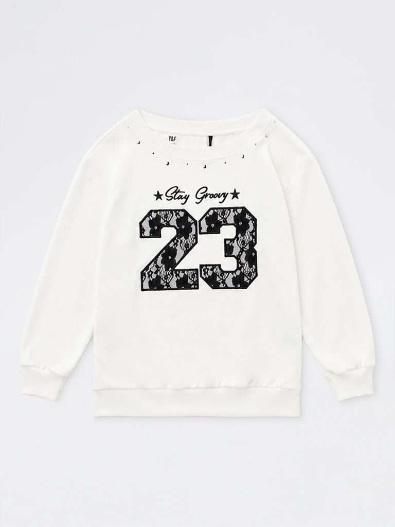 Girls Off-White Numerical Embroidered One-Shoulder Cotton Sweatshirt