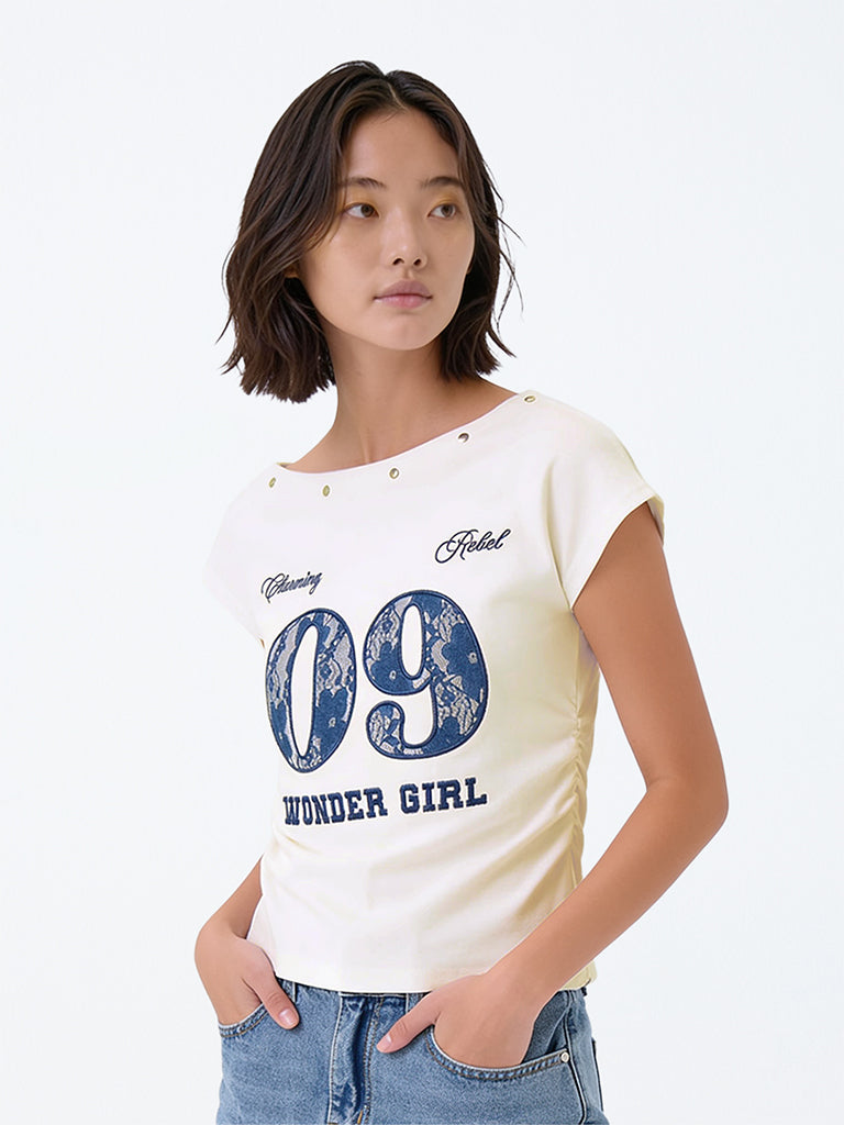 Girls White Embroidered One-Shoulder Cotton-Blend Top