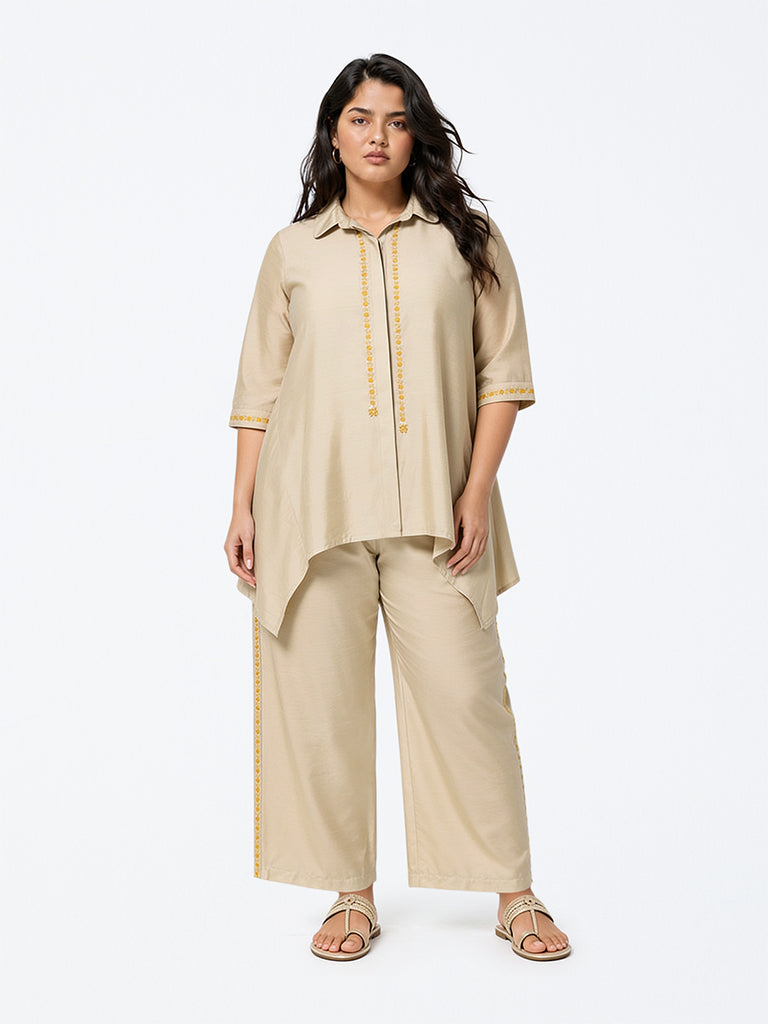 Diza Beige Floral Embroidered Pants