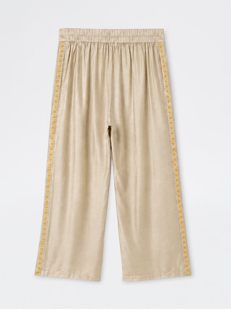 Diza Beige Floral Embroidered Pants