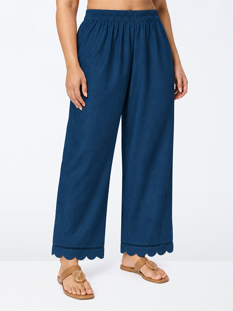 Diza Indigo Scalloped-Detail Cotton Pants
