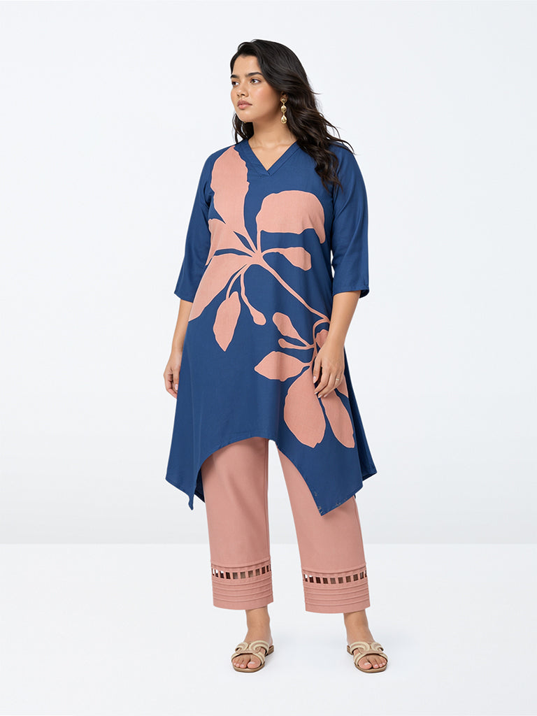 Diza Indigo Floral Printed Asymmetrical Kurta