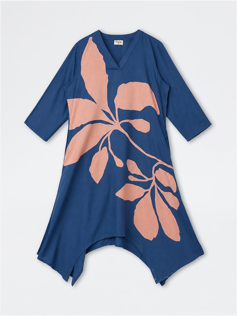 Diza Indigo Floral Printed Asymmetrical Kurta
