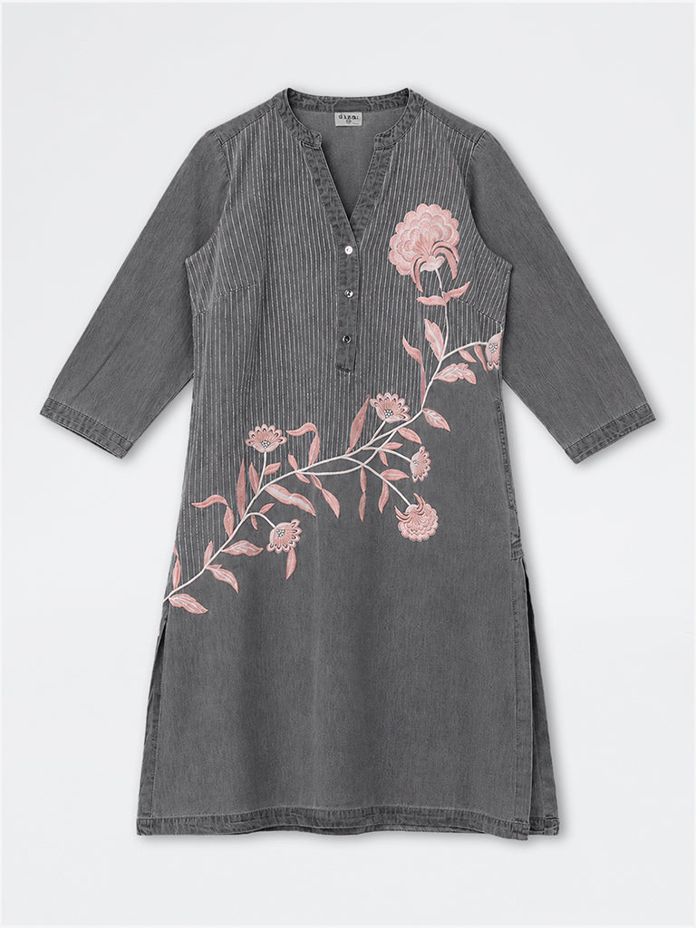 Diza Charcoal Floral Embroidered A-Line Denim Kurta