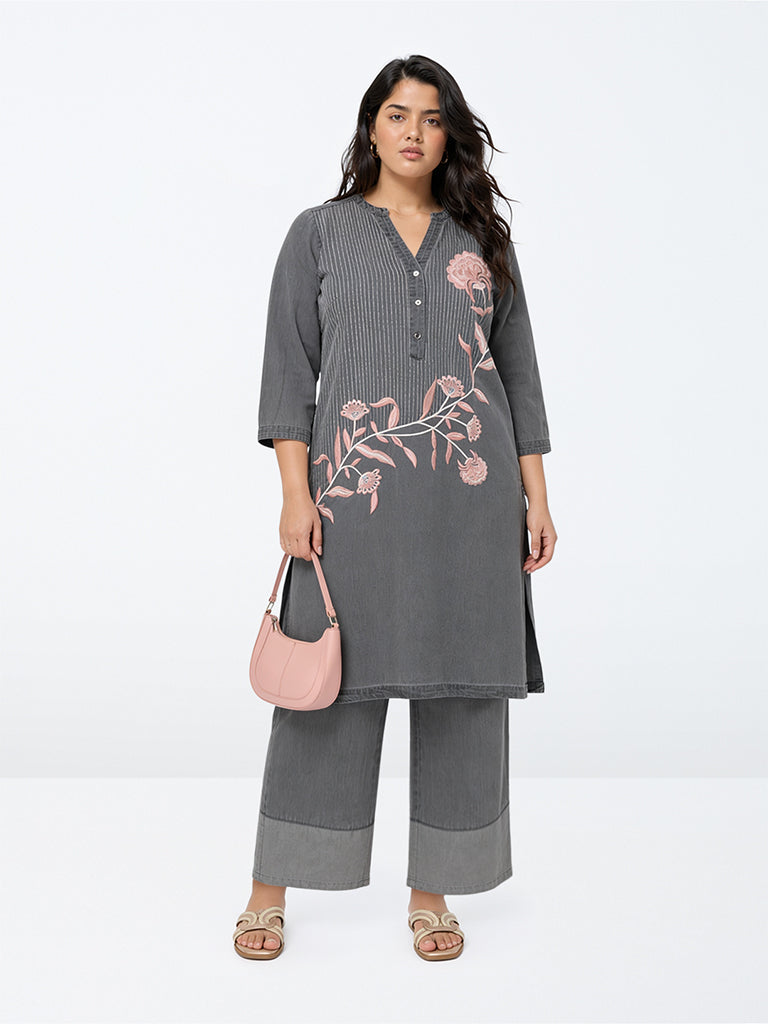 Diza Charcoal Floral Embroidered A-Line Denim Kurta